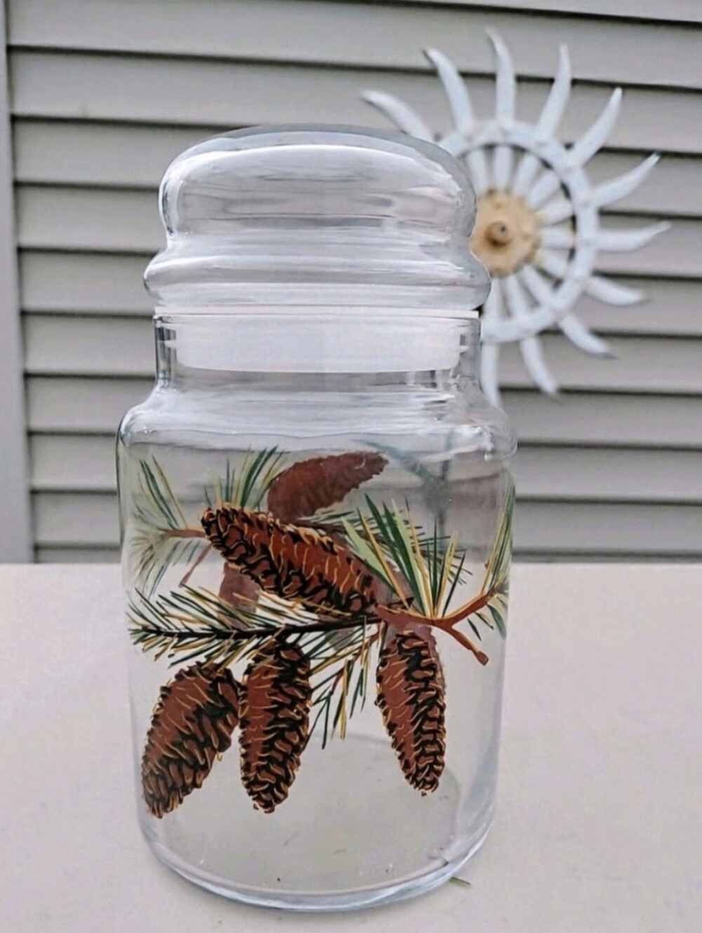 Vintage LIBBEY Winter PINECONE Glass 7" Kitchen Canister With Gasket-Seal Lid